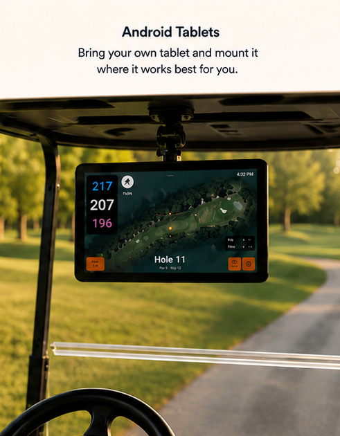 A landscape Android tablet mounted in a golf cart running Aimy