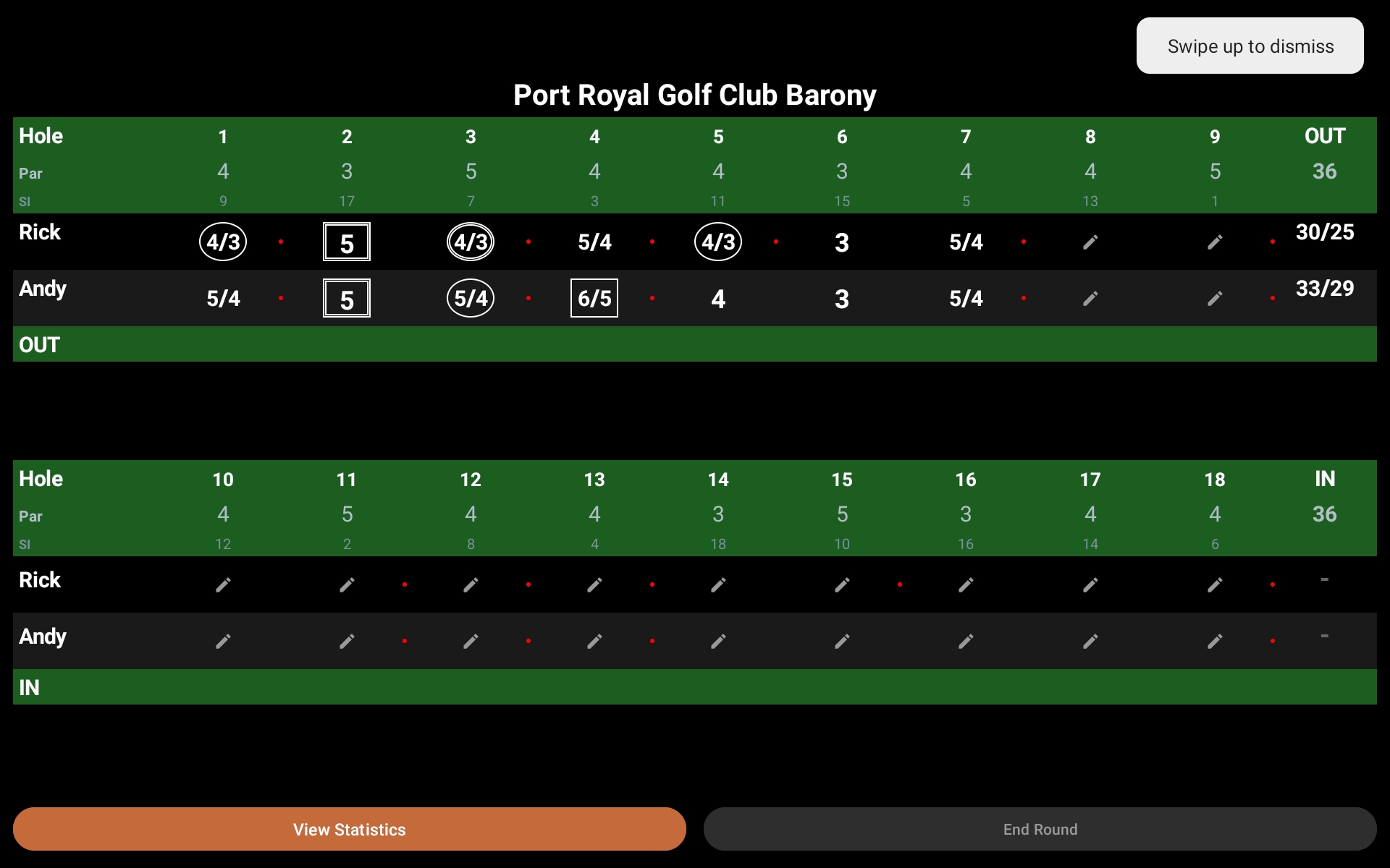 Aimy scorecard showing two golfers and an eighteen-hole scoring view