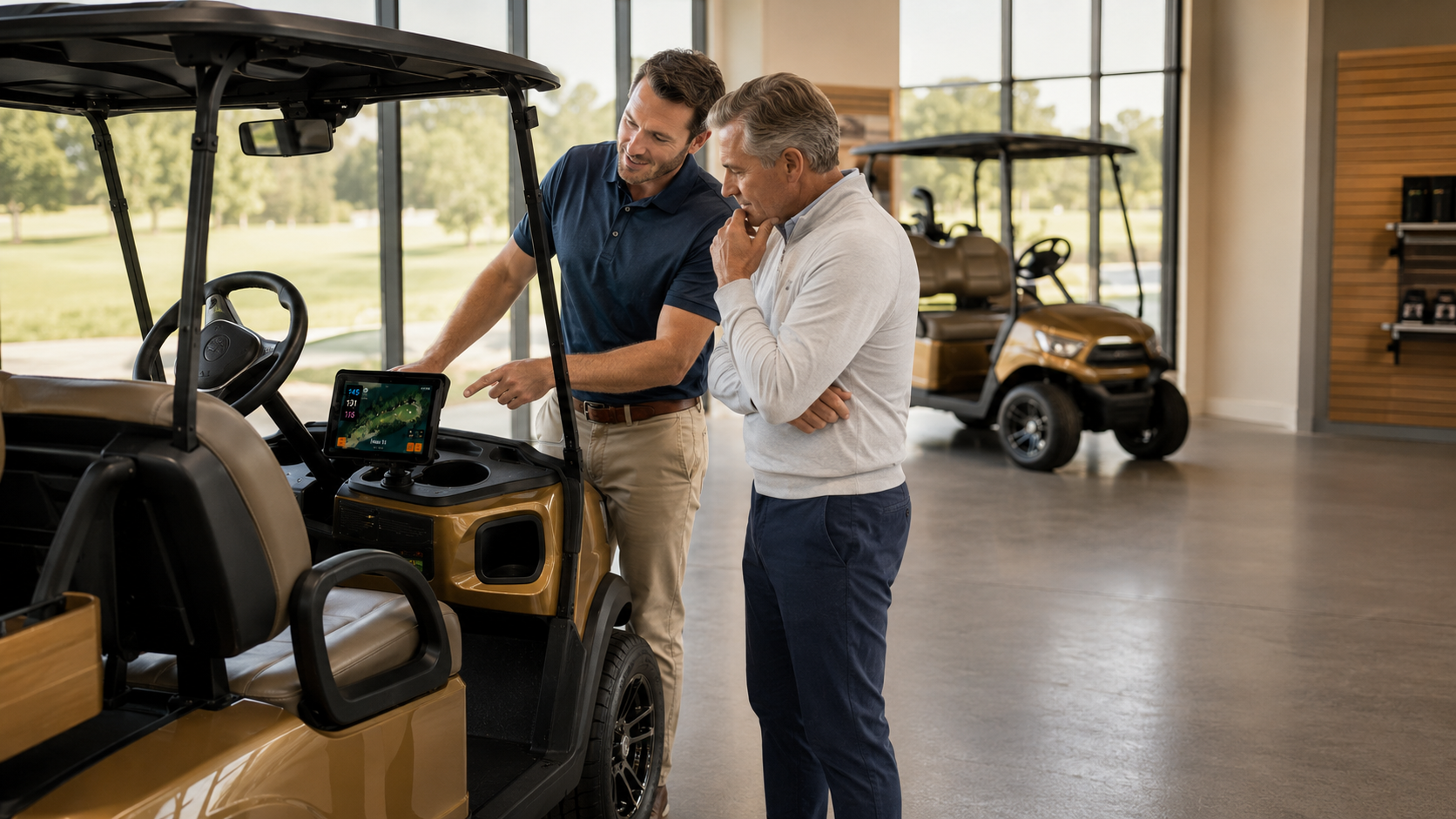 A salesperson and prospective customer examining Aimy on a golf cart display in a bright dealership showroom
