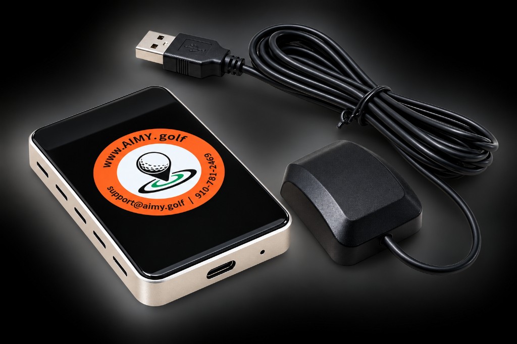 Aimy Box with its USB cable and external GPS antenna